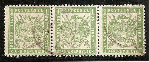 TRANSVAAL 1883 - SACC 177 - 1 SHILLING GREEN (USED BLOCK of 3)-BLOCK E