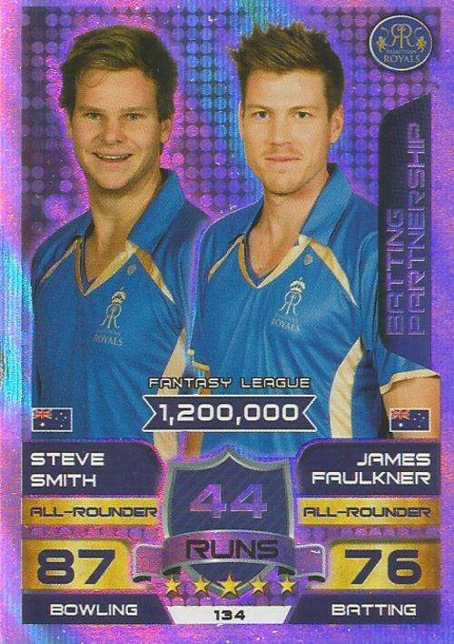 S. SMITH/J. FAULNER - IPL CRICKET ATTAX 2015/16 - "BATTING PARTNERSHIP" SILVER TRADING CARD