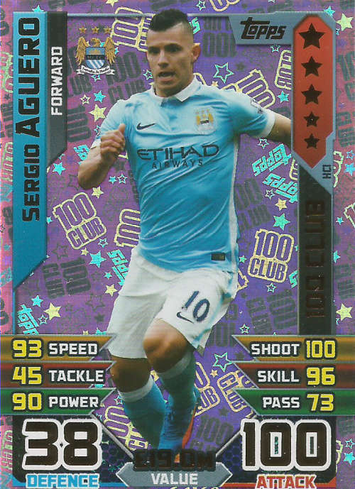SERGIO AGUERO - MATCH ATTAX "EXTRA" 2016 - RARE "CLUB 100" TRADING CARD