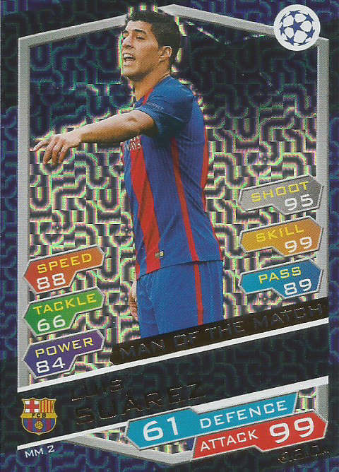 LUIZ SUAREZ - CHAMPIONS LEAGUE 2016/17 -GOLD  "MAN of the MATCH" FOIL TRADING CARD