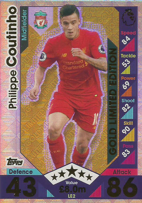 PHILLIPE COUTINHO - MATCH ATTAX 2016/2017 - RARE GOLD "LIMITED EDITION" FOIL CARD