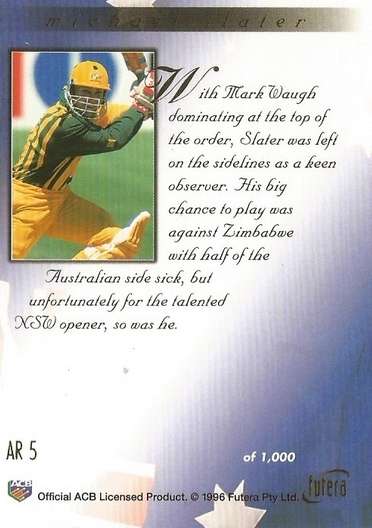MICHAEL SLATER - FUTERA 1996 CRICKET WORLD CUP  - "GOLD RETROSPECTIVE" CARD AR5 - Unnumbered of 1000