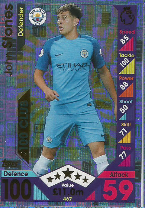 JOHN STONES - MATCH ATTAX 2016/2017 - RARE "CLUB 100" FOIL TRADING CARD