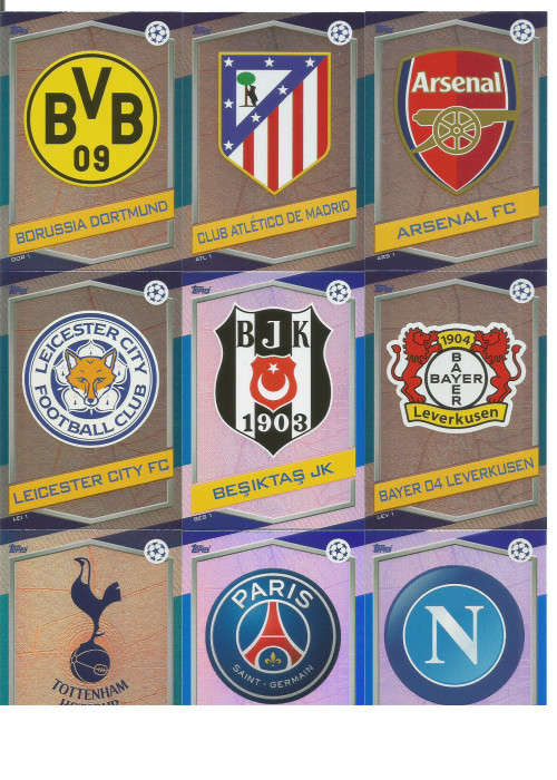 CHAMPIONS LEAGUE 2016/17 -  LOT OF 9 "CLUB LOGO" FOIL TRADING CARDS