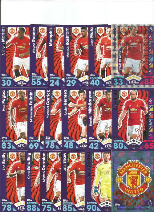 MANCHESTER UNITED FC - MATCH ATTAX 2017 - COMPLETE 32 TRADING CARD SET - Incl. FOILS