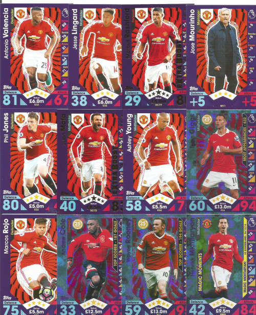 MANCHESTER UNITED FC - MATCH ATTAX 2017 - COMPLETE 32 TRADING CARD SET - Incl. FOILS