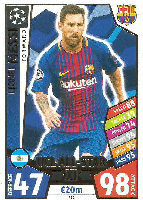 LIONEL MESSI - TOPPS `CHAMPIONS LEAGUE 2017/18` -  `UCL ALL STAR XI` FOIL TRADING CARD 439