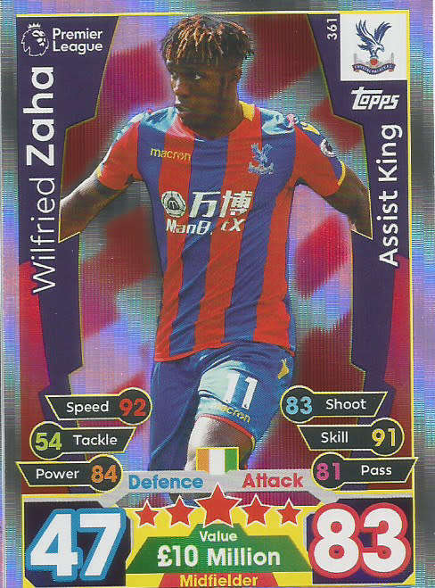 WILFRIED ZAHA  - MATCH ATTAX 2017/18 - SILVER "ASSIST KING" TRADING CARD 361