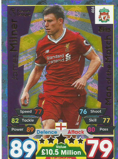 JAMES MILNER  - MATCH ATTAX 2017/18 - GOLD "MAN of the MATCH" TRADING CARD 404
