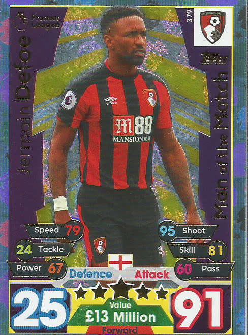 JERMAIN DEFOE  - MATCH ATTAX 2017/18 - GOLD "MAN of the MATCH" TRADING CARD 379