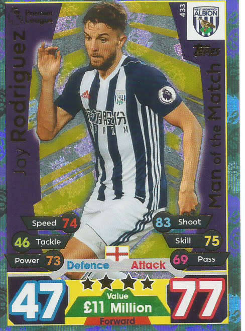 JAY RODRIGUEZ  - MATCH ATTAX 2017/18 - GOLD "MAN of the MATCH" TRADING CARD 433