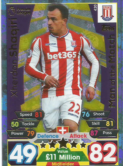 XHERDAN SHAQUIRI  - MATCH ATTAX 2017/18 - GOLD "MAN of the MATCH" TRADING CARD 420