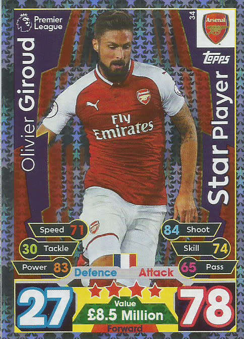 OLIVIER GIROUD  - MATCH ATTAX 2017/18 - SILVER "STAR PLAYER" TRADING CARD