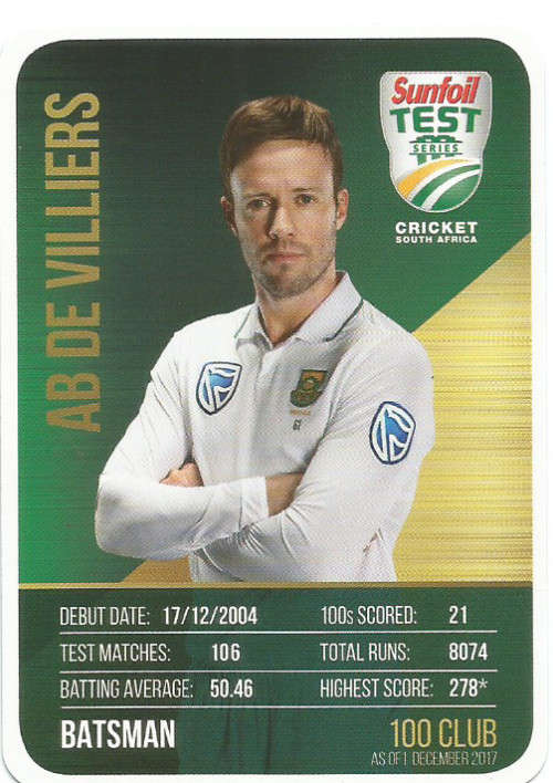 AB DE VILLIERS - CRICKET SA - 2018 SUNFOIL SERIES " TEAM PLAYER"  TRADING CARD
