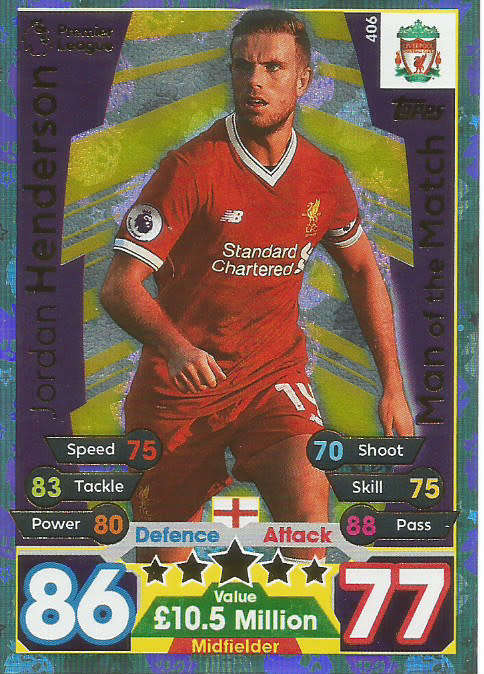 JORDAN HENDERSON  - MATCH ATTAX 2017/18 - GOLD "MAN of the MATCH" TRADING CARD 406