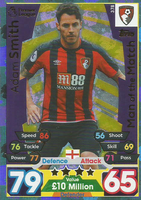 ADAM SMITH  - MATCH ATTAX 2017/18 - GOLD "MAN of the MATCH" TRADING CARD 378