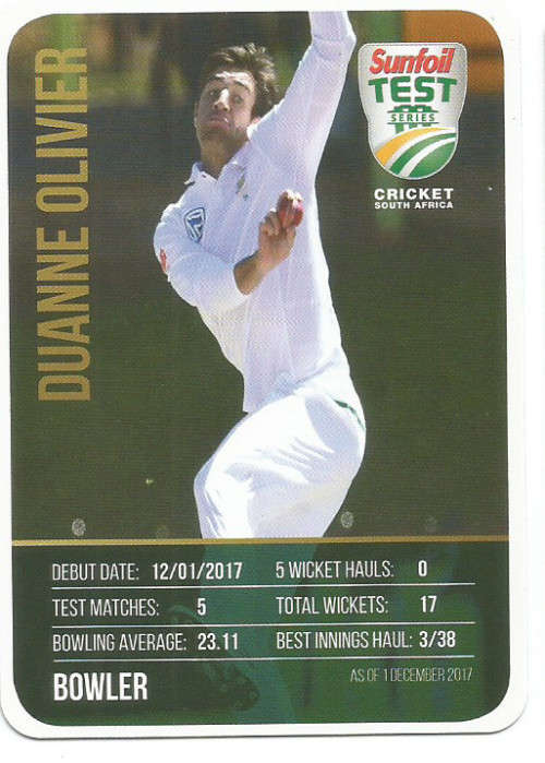 DUANE OLIVIER  - CRICKET SA - 2018 SUNFOIL SERIES " TEAM PLAYER"  TRADING CARD