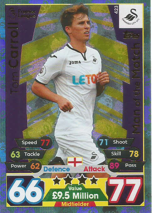 TOM CARROLL  - MATCH ATTAX 2017/18 - GOLD "MAN of the MATCH" TRADING CARD 423
