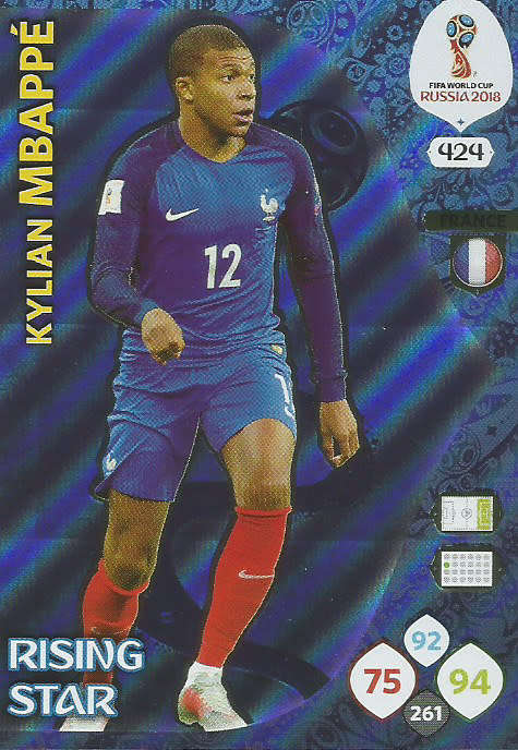 KYLIAM MBAPPE - PANINI FIFA WORLD CUP 2018 RUSSIA -  "RISING STAR" FOIL TRADING CARD 424