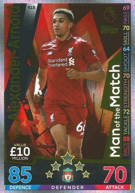 TRENT ALEX ARNOLD - MATCH ATTAX 2018/2019 - GOLD "MAN of the MATCH" TRADING CARD 418