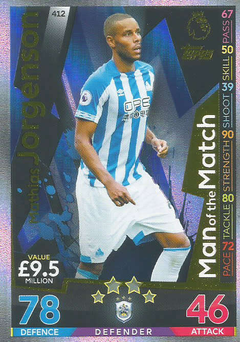 MATHIAS JORGENSON - MATCH ATTAX 2018/2019 - GOLD "MAN of the MATCH" TRADING CARD 412