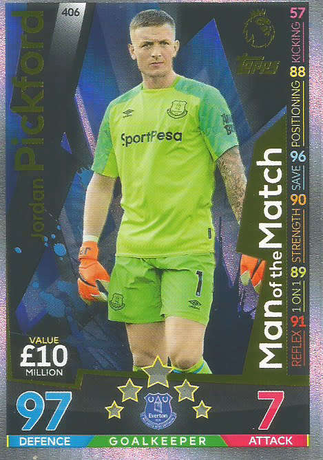 JORDAN PICKFORD - MATCH ATTAX 2018/2019 - GOLD "MAN of the MATCH" TRADING CARD 406
