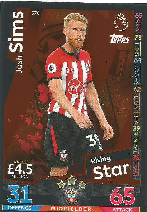JOSH SIMS - MATCH ATTAX 2018/2019 - SILVER "RISING STAR" TRADING CARD 370