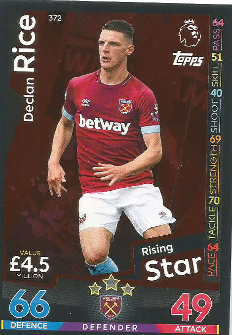 DECLAN RICE - MATCH ATTAX 2018/2019 - SILVER "RISING STAR" TRADING CARD 372