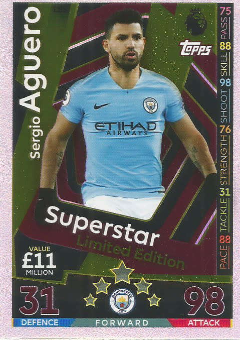 SERGIO AGUERO - MATCH ATTAX 2018/2019 - GOLD "SUPERSTAR LIMITED EDITION" TRADING CARD LE5