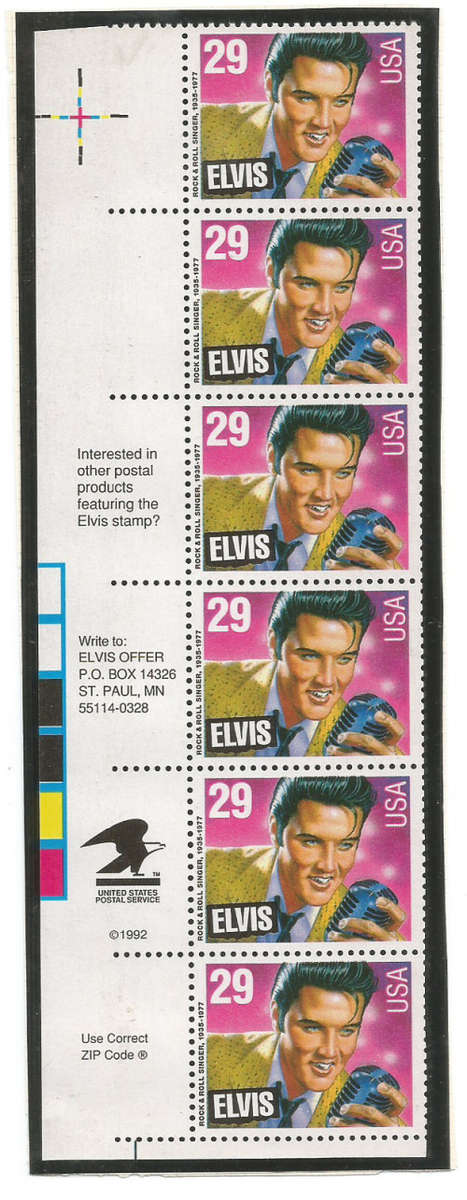 USA - " ELVIS COMMEMORATIVE"  1993 - CONTROL STRIP of 6 STAMPS - UM