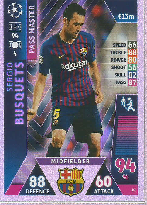SERGIO BUSQUETS - CHAMPIONS LEAGUE 2018/19 -  "PASS MASTER" FOIL TRADING CARD 10