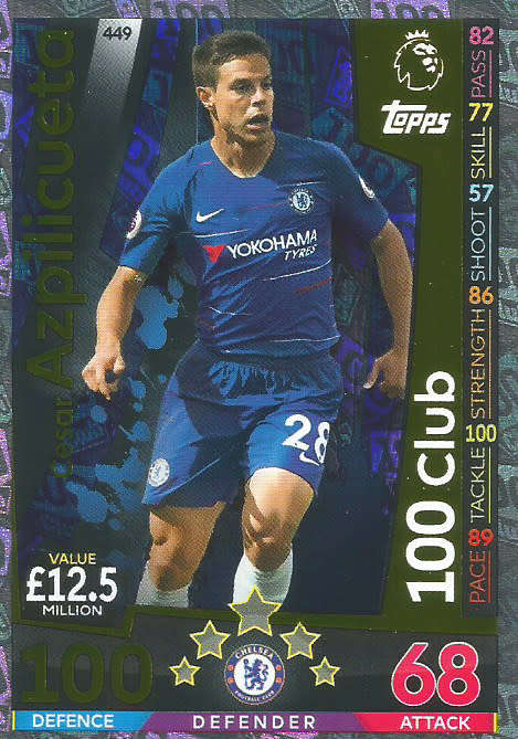 CESAR AZPILICUETA - MATCH ATTAX 2018/2019 - GOLD "CLUB 100" TRADING CARD 449