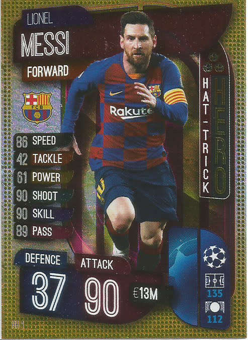 LIONEL MESSI - CHAMPIONS LEAGUE 2019/20 -  GOLD FOIL `HAT TRICK HERO` TRADING CARD