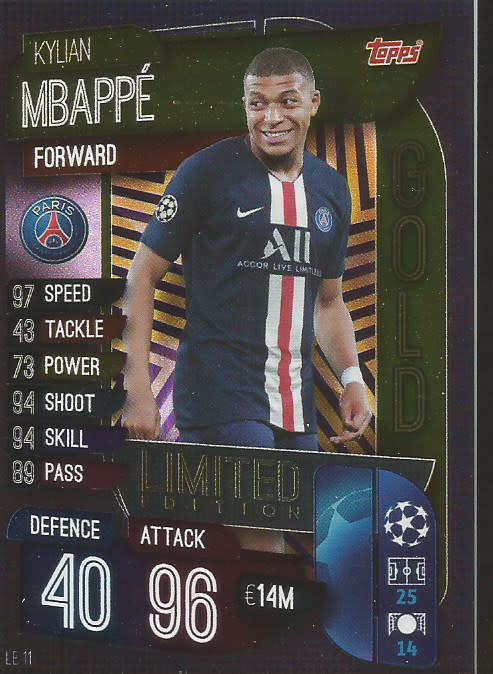 KYLIAM MBAPPE - CHAMPIONS LEAGUE 2019/20 -  GOLD FOIL "LIMITED EDITION" TRADING CARD