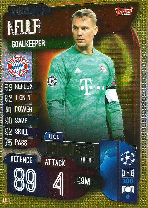 MANUEL NEUER - CHAMPIONS LEAGUE 2019/20 -  GOLD FOIL "CENTURION" TRADING CARD