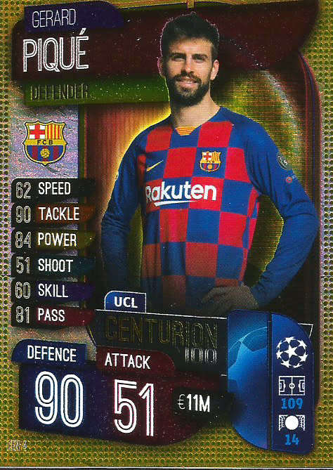 GERARD PIQUE - CHAMPIONS LEAGUE 2019/20 -  GOLD "CENTURION" FOIL TRADING CARD