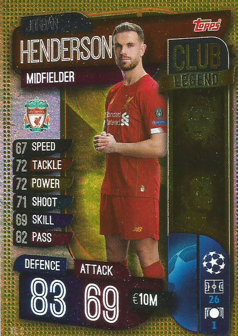 JORDAN HENDERSON - CHAMPIONS LEAGUE 2019/20 -  GOLD "CLUB LEGEND" FOIL TRADING CARD