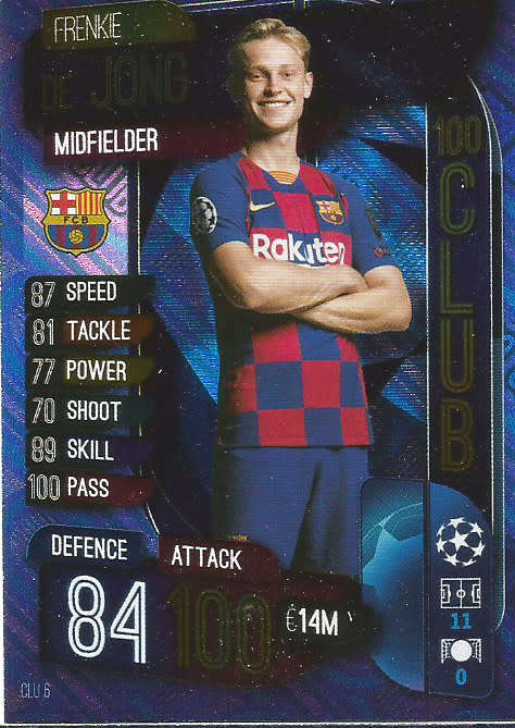 F. DE JONG - CHAMPIONS LEAGUE 2019/20 -  BLUE FOIL "CLUB 100" TRADING CARD