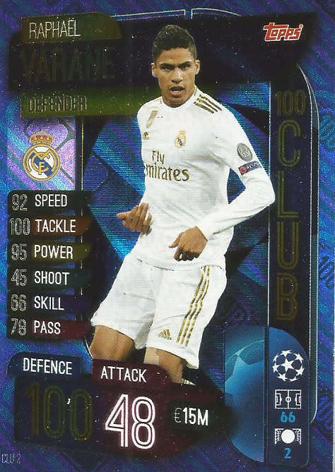 RAPHAEL VARANE - CHAMPIONS LEAGUE 2019/20 -  BLUE FOIL "CLUB 100" TRADING CARD