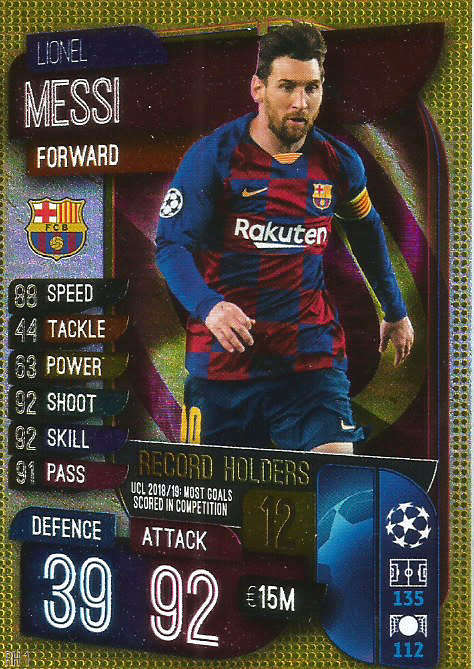 LIONEL MESSI - CHAMPIONS LEAGUE 2019/20 -  GOLD FOIL `RECORD HOLDER` TRADING CARD