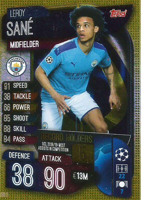LEROY SANE - CHAMPIONS LEAGUE 2019/20 -  GOLD FOIL "RECORD HOLDER" TRADING CARD