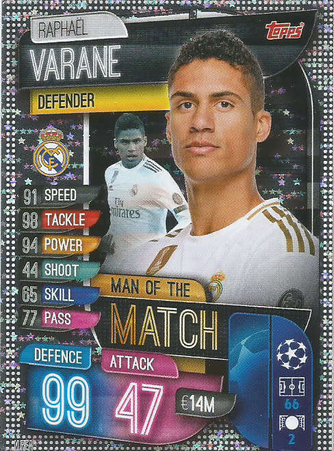 RAPHAEL VARANE - CHAMPIONS LEAGUE 2019/20 -  SILVER FOIL "MAN of the MATCH" TRADING CARD - M RMA