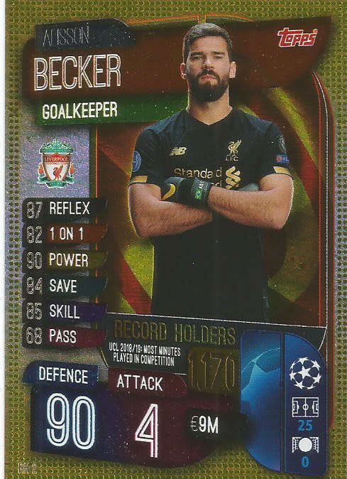 ALISSON - CHAMPIONS LEAGUE 2019/20 -  GOLD FOIL "RECORD HOLDER" TRADING CARD