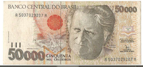 BRAZIL RESERVE BANK - 50000 CRUZEIROS BANK NOTE - USED CONDITION
