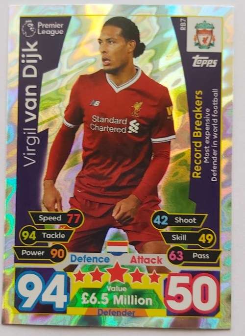VIRGIL VAN DIJK - TOPPS MATCH ATTAX `EXTRA` 2016 - FOIL `RECORD BREAKER` TRADING CARD RB7