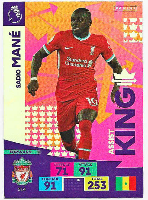 SADIO MANE - ENGLISH PREMIER LEAGUE PLUS 2020/2021 - RED FOIL `ASSIST KING` TRADING CARD 514