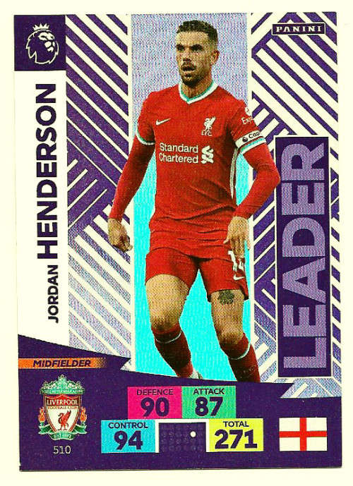 JORDAN HENDERSON - ENGLISH PREMIER LEAGUE `PLUS` 2020/2021 - MAUVE FOIL `LEADER` TRADING CARD 510