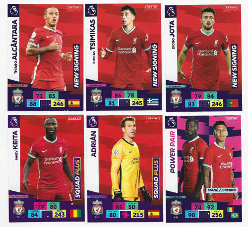 LIVERPOOL FC  - EPL ADRENALYN `PLUS` 2020/2021 - TEAM LOT of 6 `BASE` TRADING CARDS