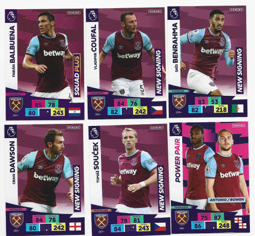 WEST HAM UNITED - EPL ADRENALYN `PLUS` 2020/2021 - TEAM LOT of 6 `BASE` TRADING CARDS