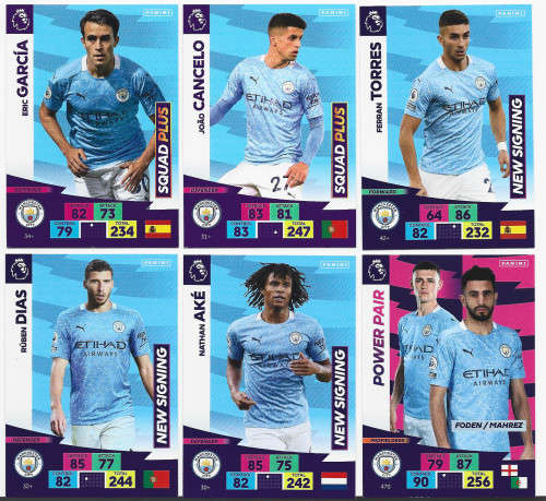 MANCHESTER CITY FC  - EPL ADRENALYN `PLUS` 2020/2021 - TEAM LOT of 6 `BASE` TRADING CARDS